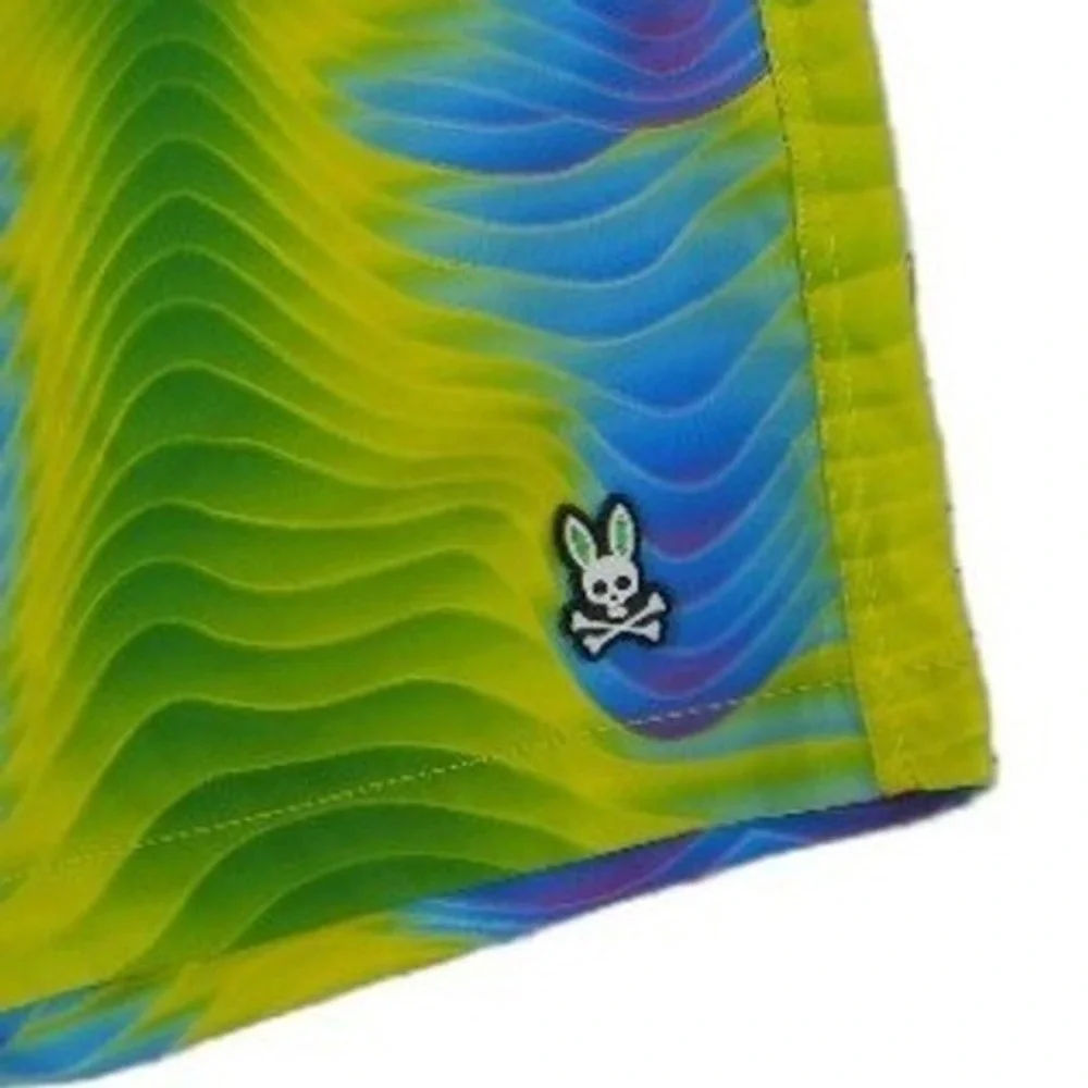 Psycho Bunny Swim Trunks Men's Size Medium Green Blue Psychedelic Retro